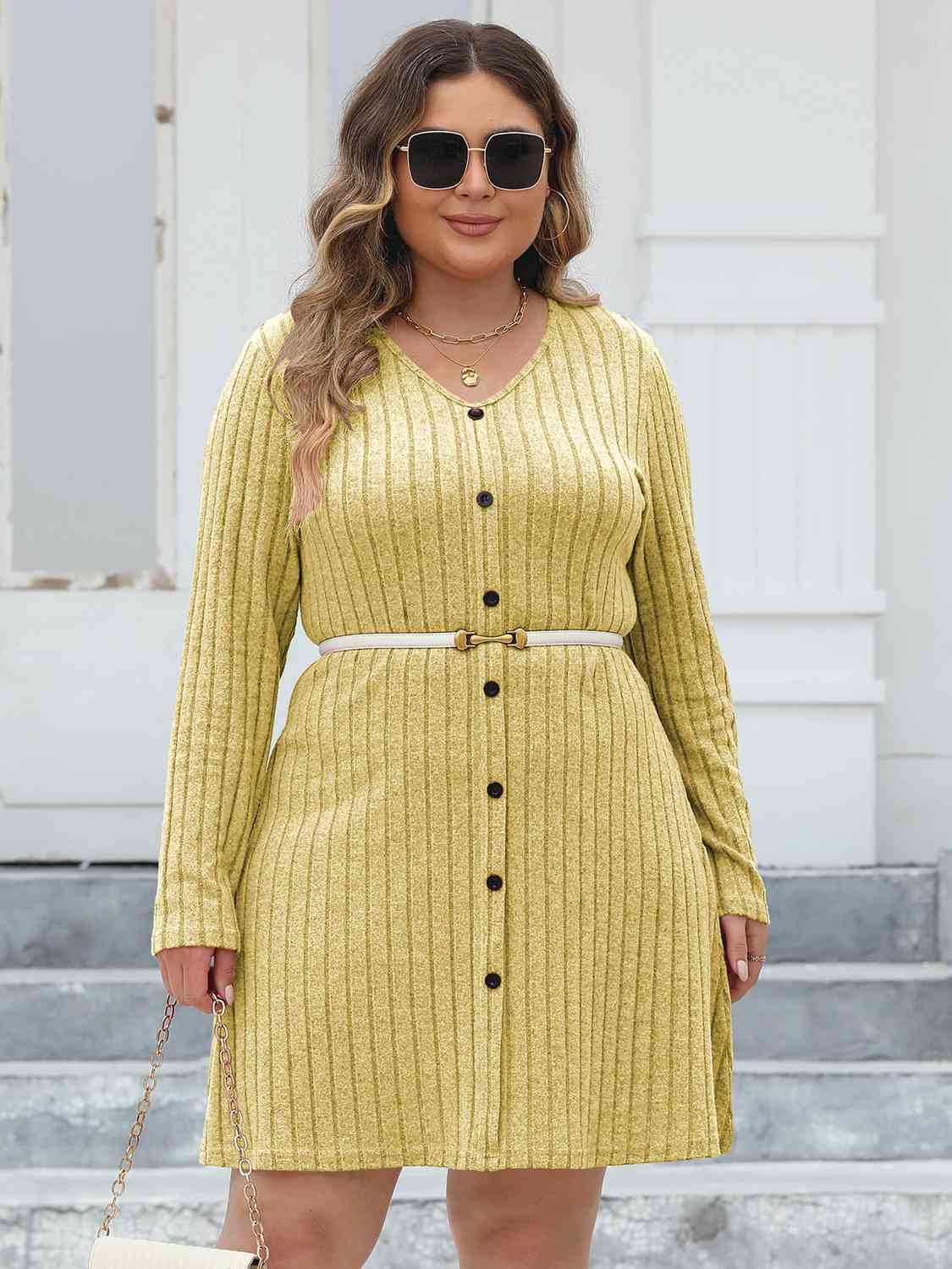 Plus Size Ribbed Buttoned V-Neck Long Sleeve Dress BLUE ZONE PLANET