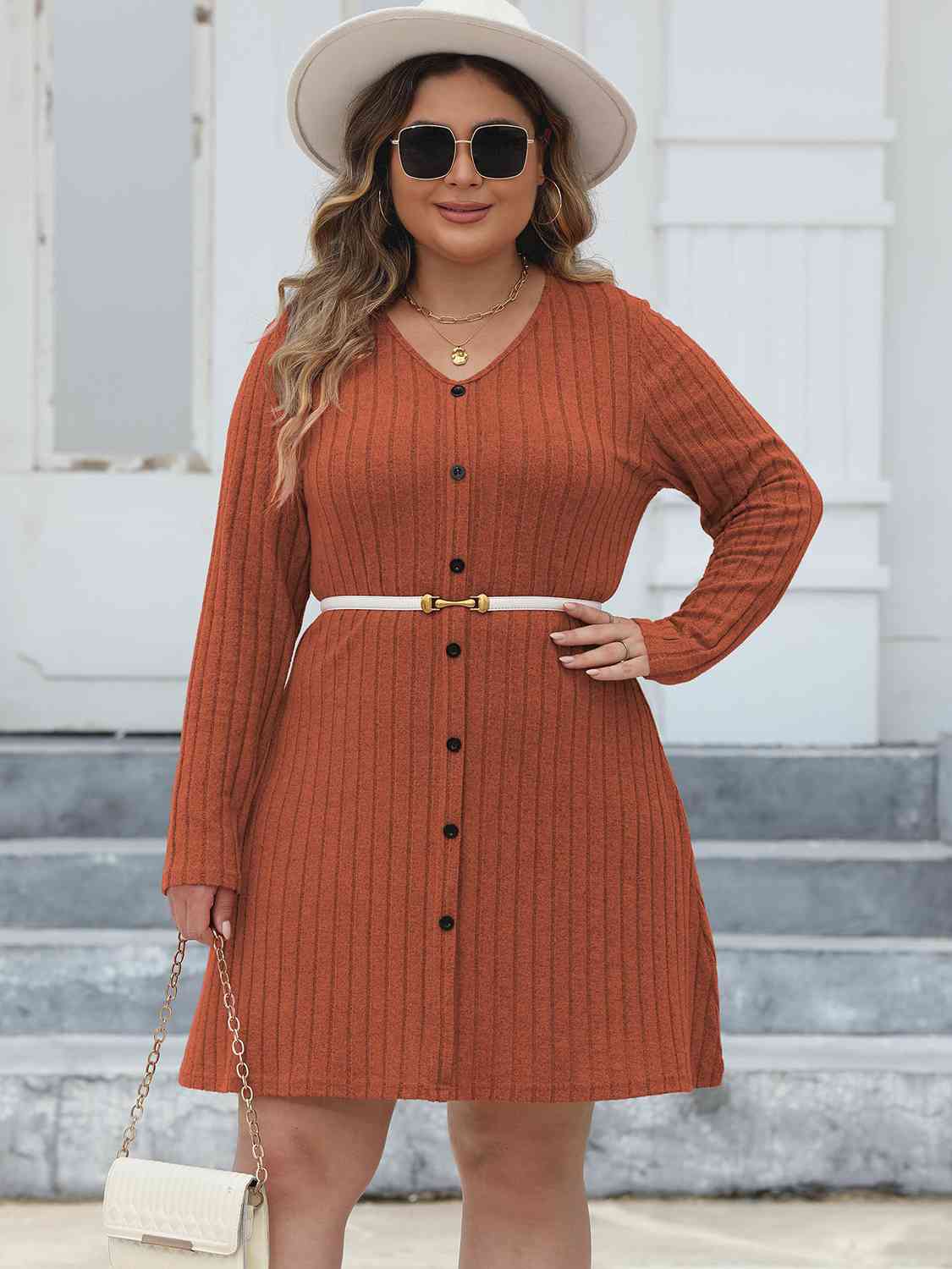 Plus Size Ribbed Buttoned V-Neck Long Sleeve Dress BLUE ZONE PLANET