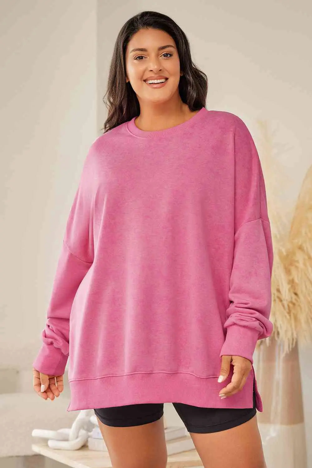 Plus Size Round Neck Drop Shoulder Slit Sweatshirt BLUE ZONE PLANET