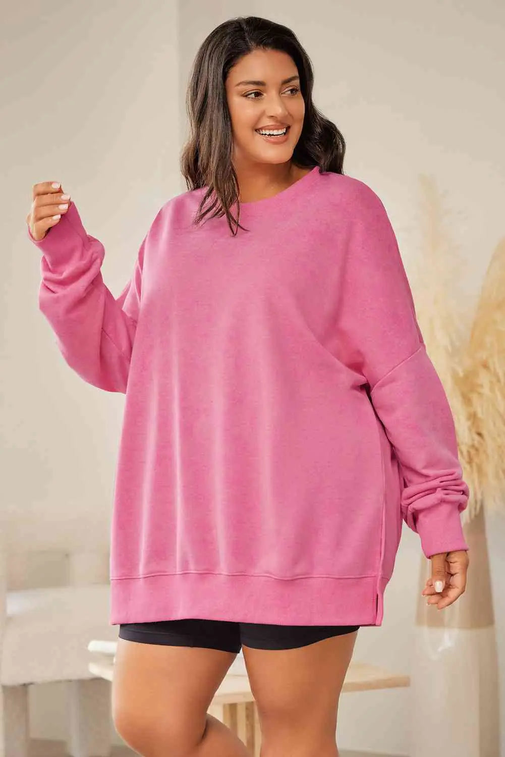 Plus Size Round Neck Drop Shoulder Slit Sweatshirt BLUE ZONE PLANET