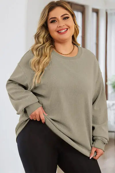 Plus Size Round Neck Dropped Shoulder Sweatshirt BLUE ZONE PLANET