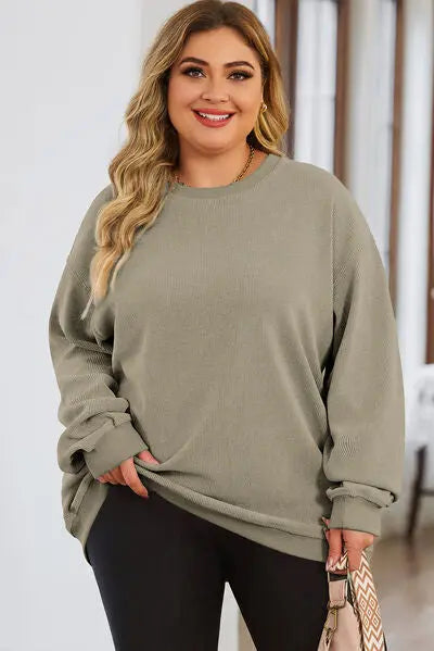 Plus Size Round Neck Dropped Shoulder Sweatshirt BLUE ZONE PLANET