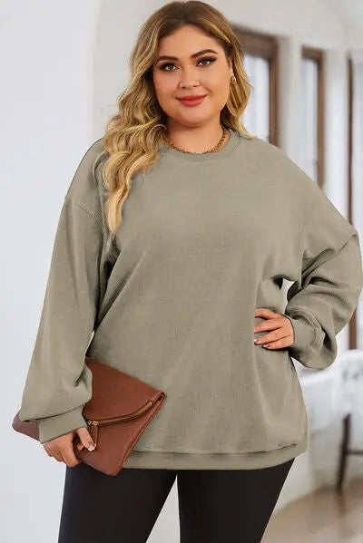 Plus Size Round Neck Dropped Shoulder Sweatshirt BLUE ZONE PLANET