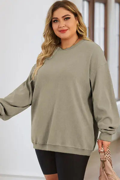 Plus Size Round Neck Dropped Shoulder Sweatshirt BLUE ZONE PLANET