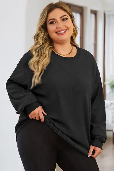 Plus Size Round Neck Dropped Shoulder Sweatshirt BLUE ZONE PLANET