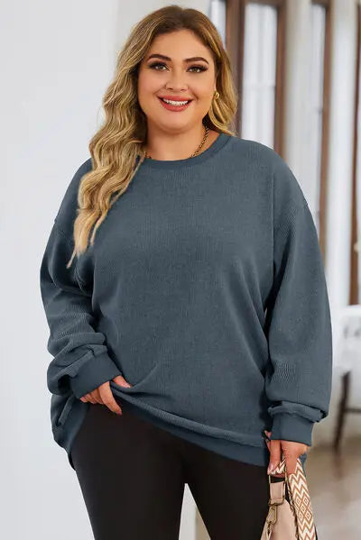 Plus Size Round Neck Dropped Shoulder Sweatshirt BLUE ZONE PLANET