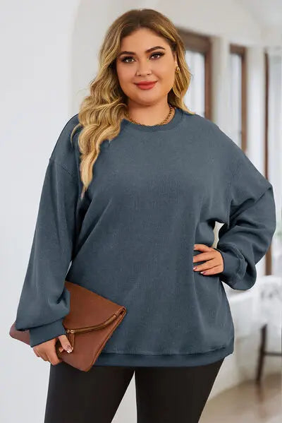 Plus Size Round Neck Dropped Shoulder Sweatshirt BLUE ZONE PLANET