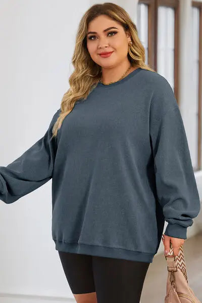 Plus Size Round Neck Dropped Shoulder Sweatshirt BLUE ZONE PLANET