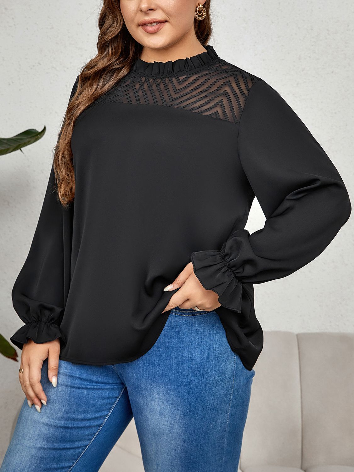 Plus Size Round Neck Flounce Sleeve Blouse BLUE ZONE PLANET