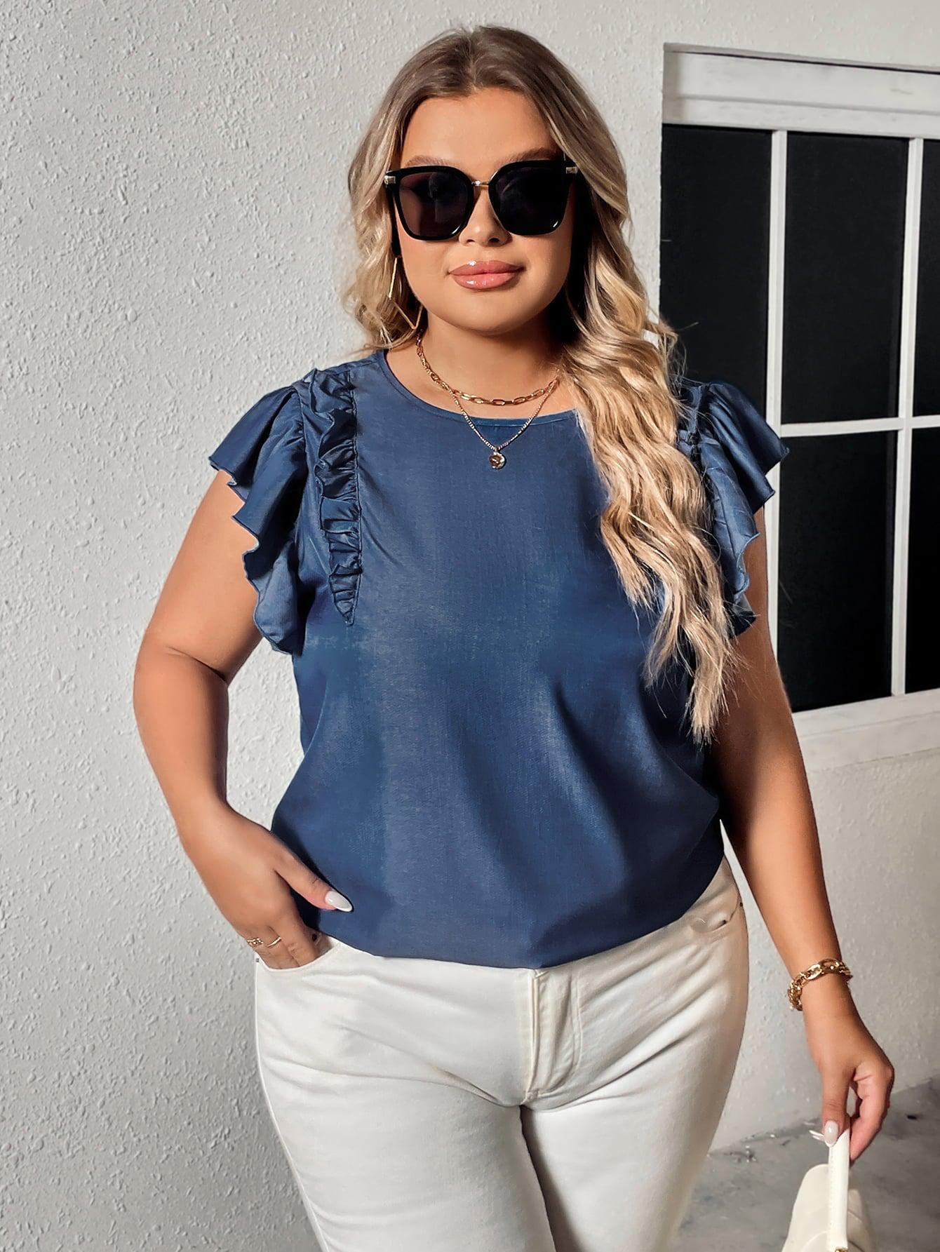 Plus Size Round Neck Flounce Sleeve Frill Trim Blouse BLUE ZONE PLANET