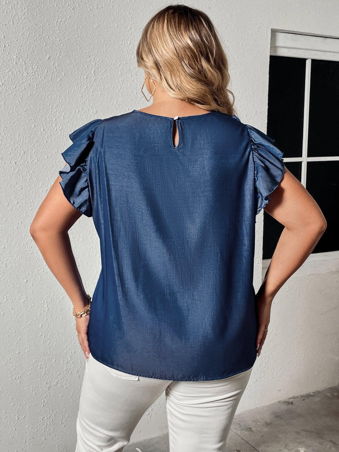 Plus Size Round Neck Flounce Sleeve Frill Trim Blouse BLUE ZONE PLANET