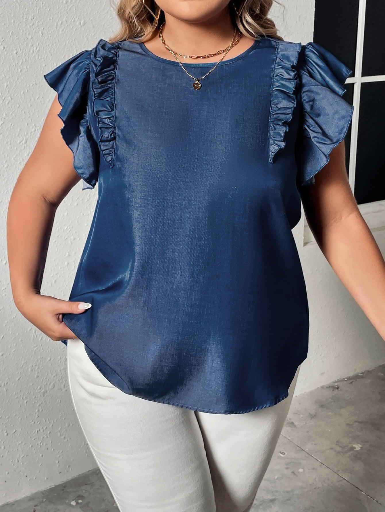 Plus Size Round Neck Flounce Sleeve Frill Trim Blouse BLUE ZONE PLANET