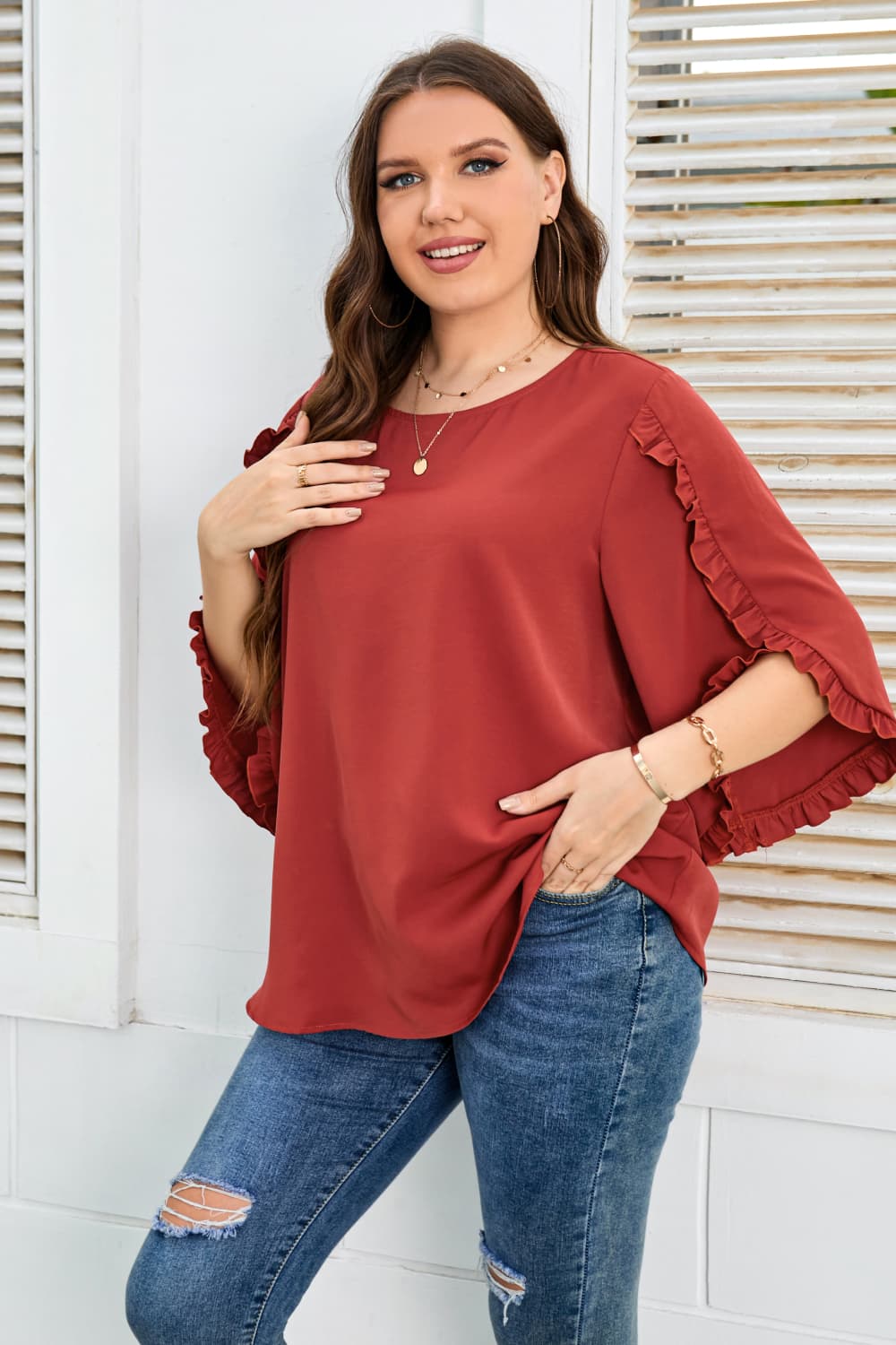 Plus Size Round Neck Frill Trim Blouse BLUE ZONE PLANET