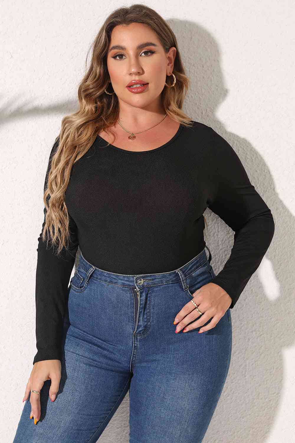 Plus Size Round Neck Long Sleeve Bodysuit BLUE ZONE PLANET