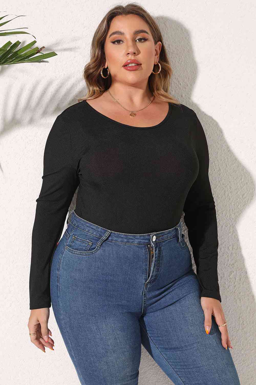 Plus Size Round Neck Long Sleeve Bodysuit BLUE ZONE PLANET