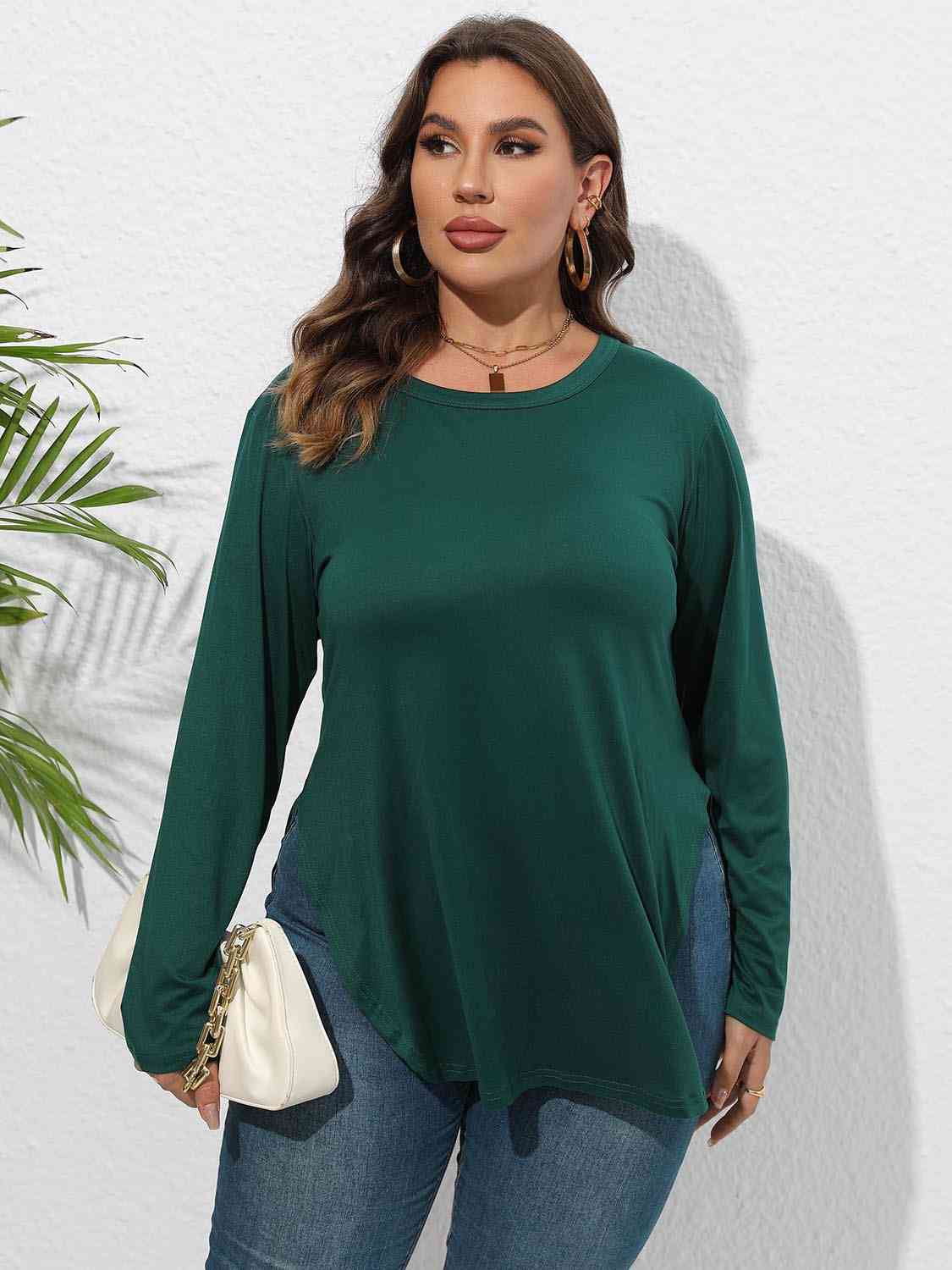 Plus Size Round Neck Long Sleeve Slit T-Shirt BLUE ZONE PLANET