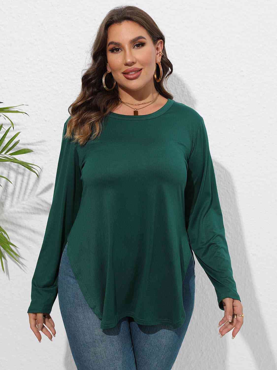 Plus Size Round Neck Long Sleeve Slit T-Shirt BLUE ZONE PLANET