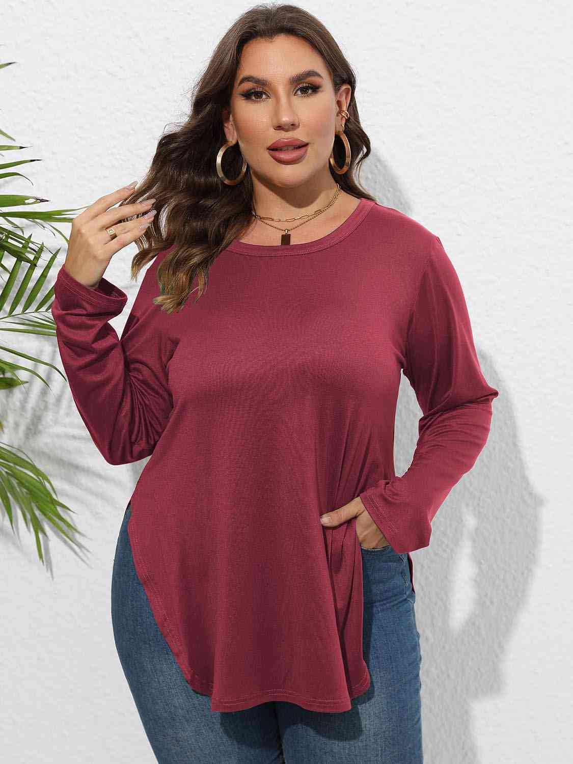 Plus Size Round Neck Long Sleeve Slit T-Shirt BLUE ZONE PLANET