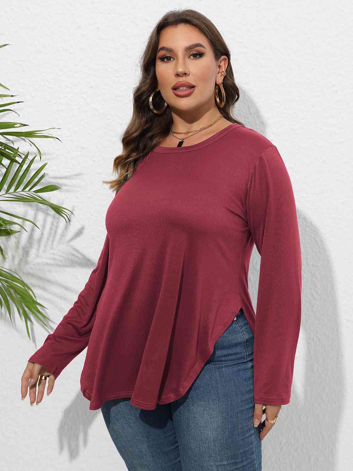 Plus Size Round Neck Long Sleeve Slit T-Shirt BLUE ZONE PLANET