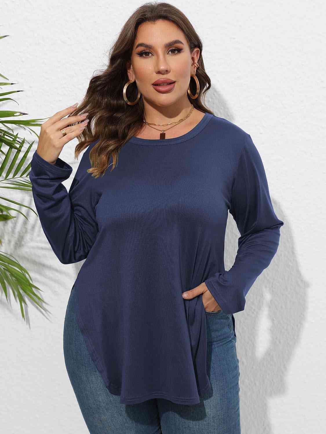 Plus Size Round Neck Long Sleeve Slit T-Shirt BLUE ZONE PLANET