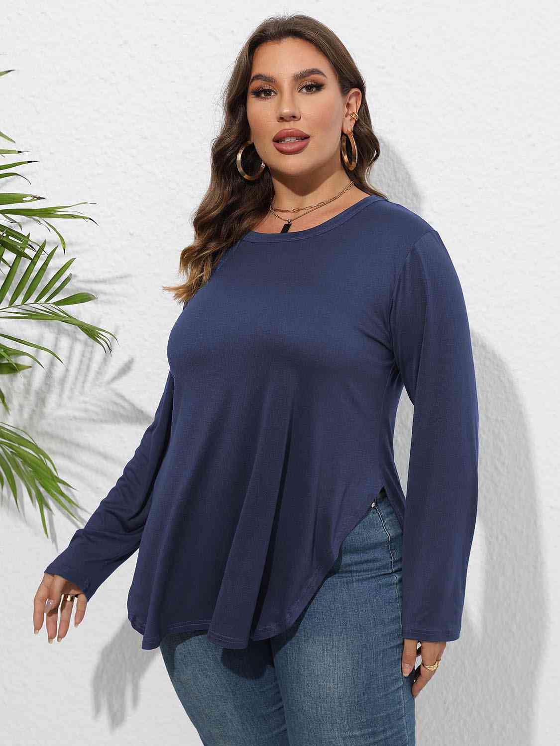 Plus Size Round Neck Long Sleeve Slit T-Shirt BLUE ZONE PLANET