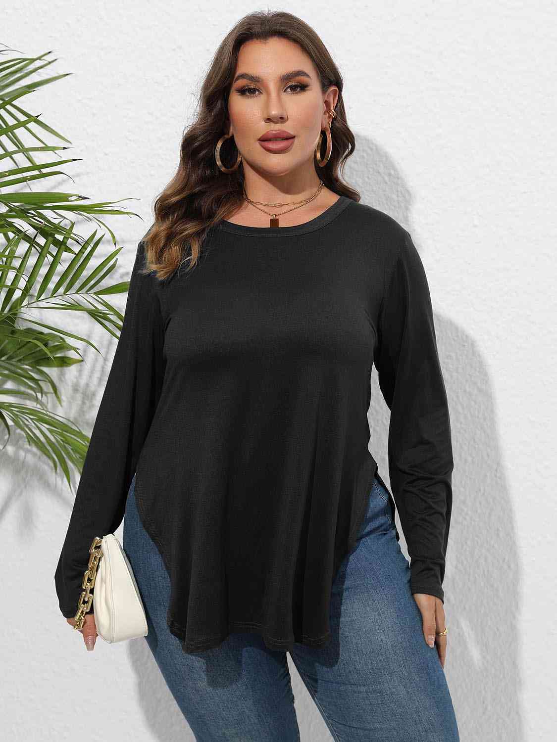 Plus Size Round Neck Long Sleeve Slit T-Shirt BLUE ZONE PLANET