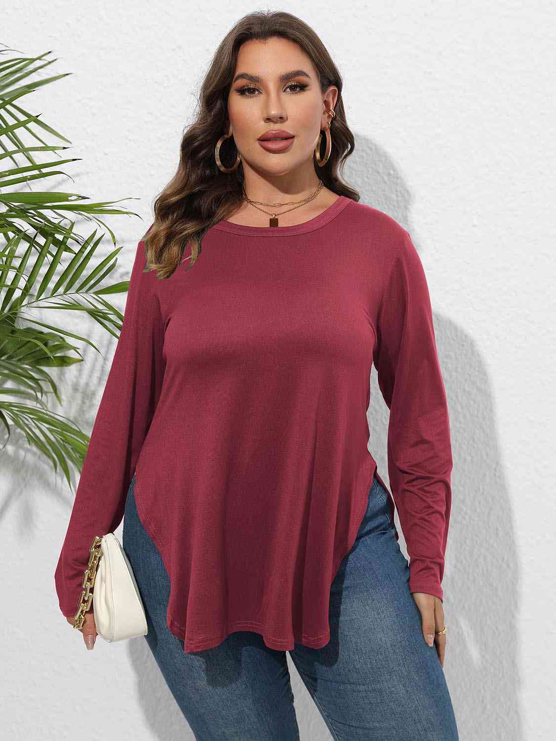 Plus Size Round Neck Long Sleeve Slit T-Shirt BLUE ZONE PLANET