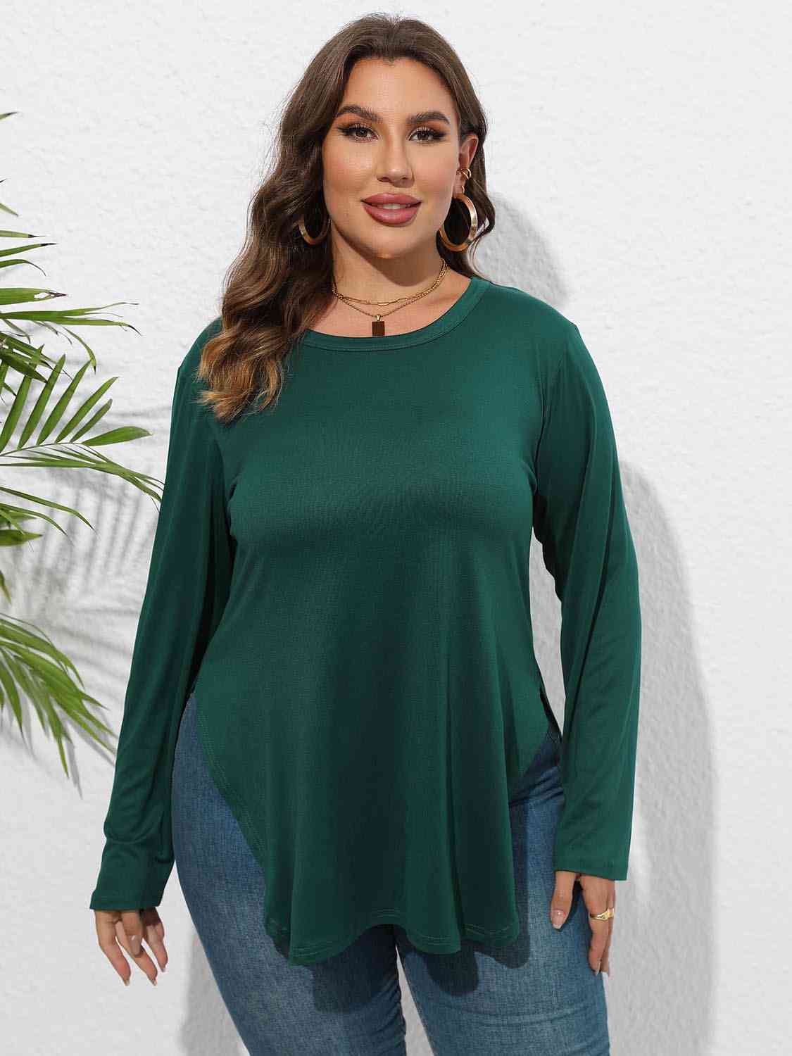 Plus Size Round Neck Long Sleeve Slit T-Shirt BLUE ZONE PLANET