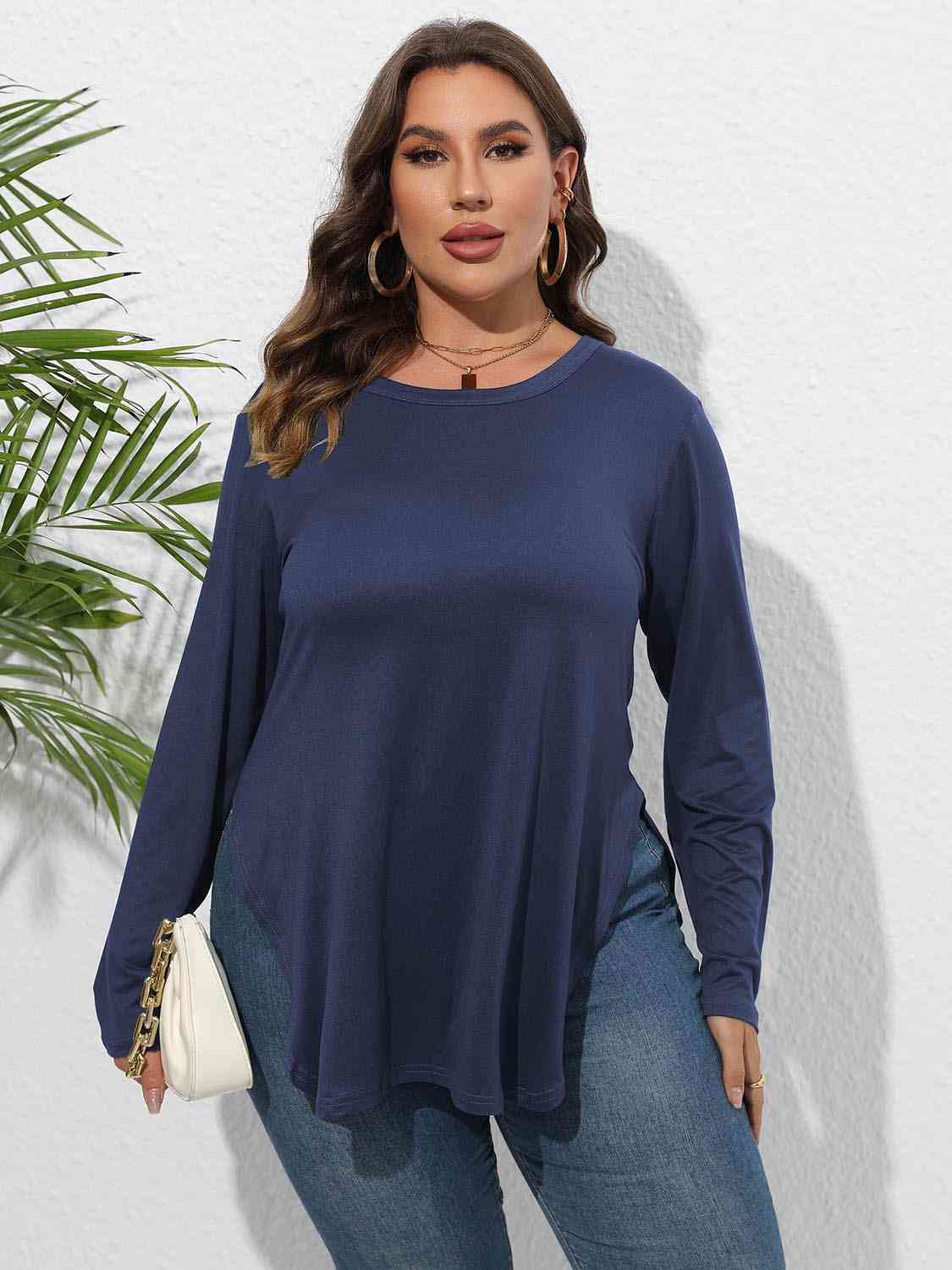 Plus Size Round Neck Long Sleeve Slit T-Shirt BLUE ZONE PLANET