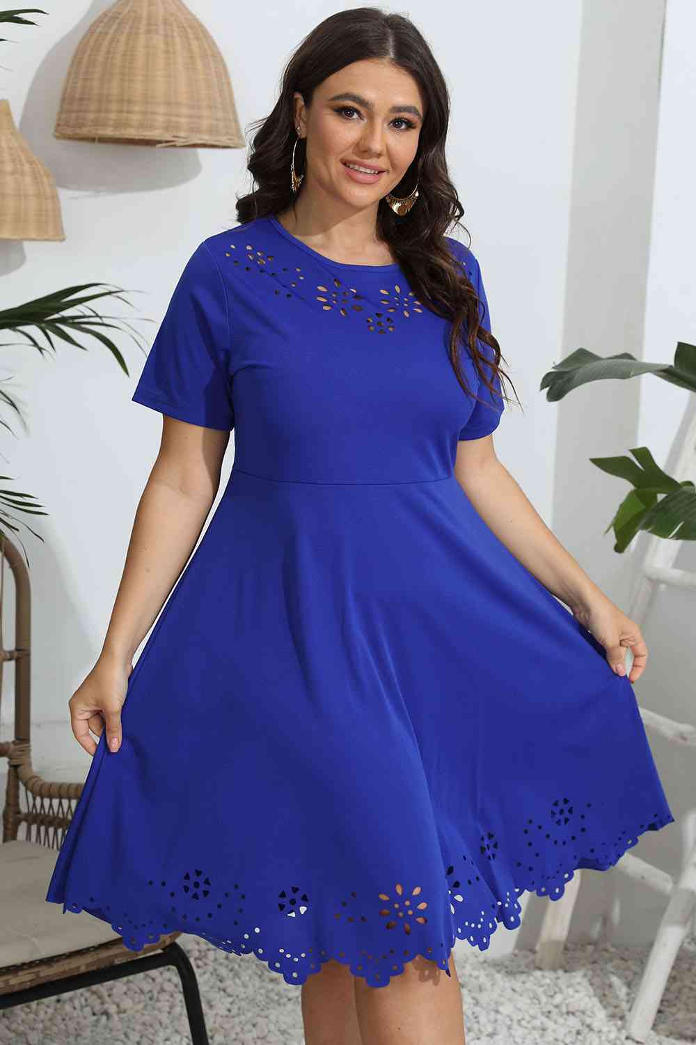 Plus Size Round Neck Openwork Dress BLUE ZONE PLANET