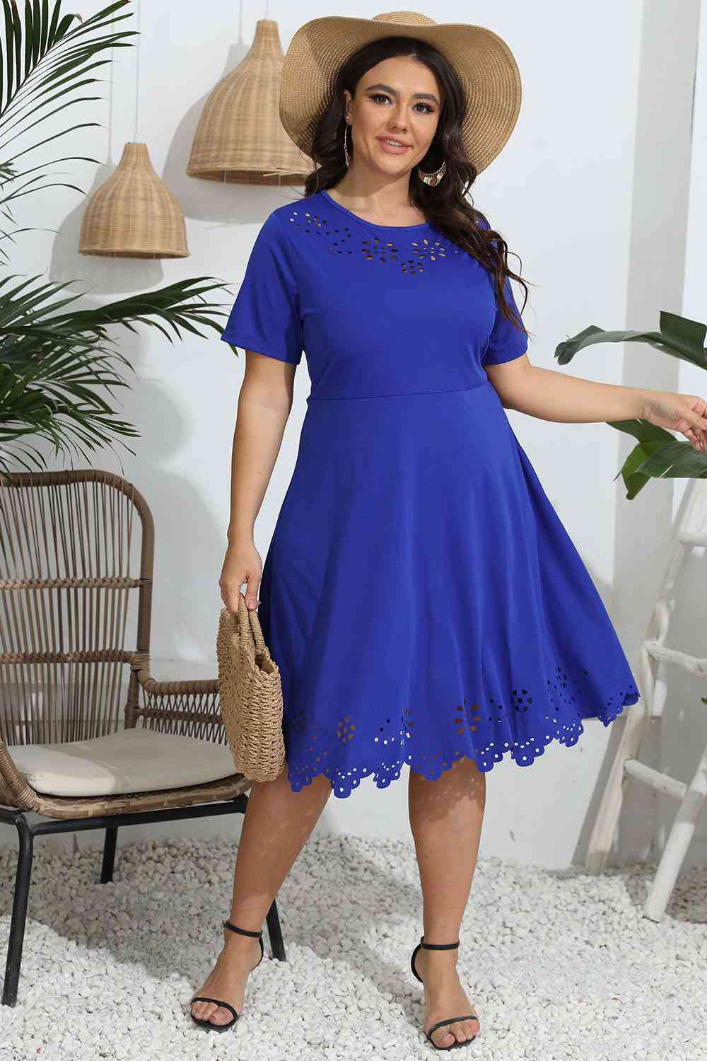 Plus Size Round Neck Openwork Dress BLUE ZONE PLANET