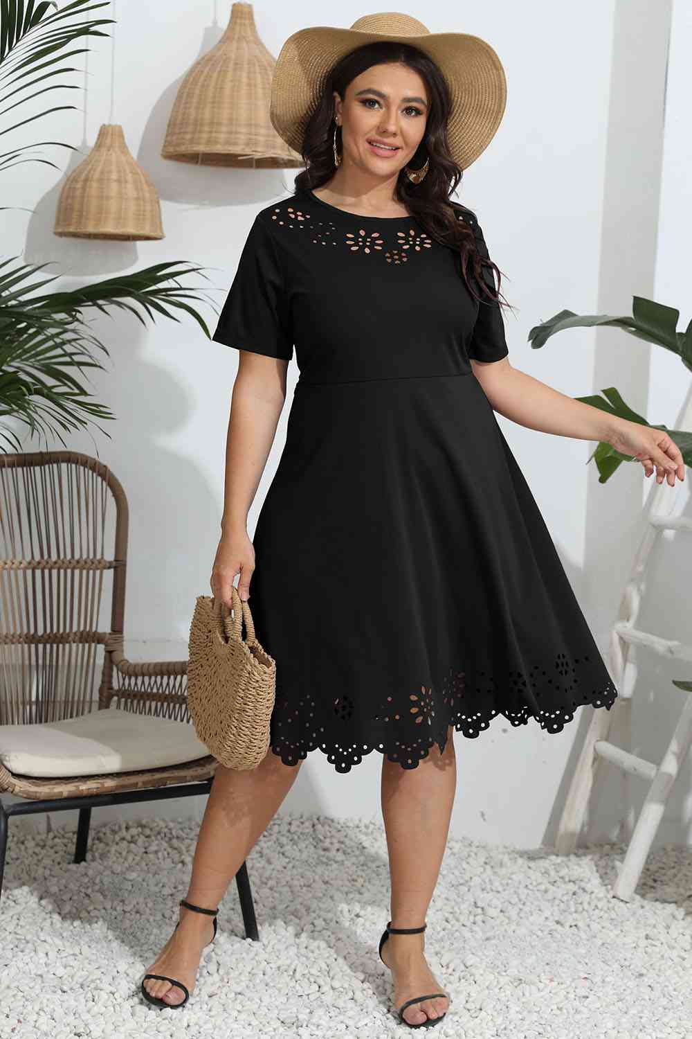 Plus Size Round Neck Openwork Dress BLUE ZONE PLANET