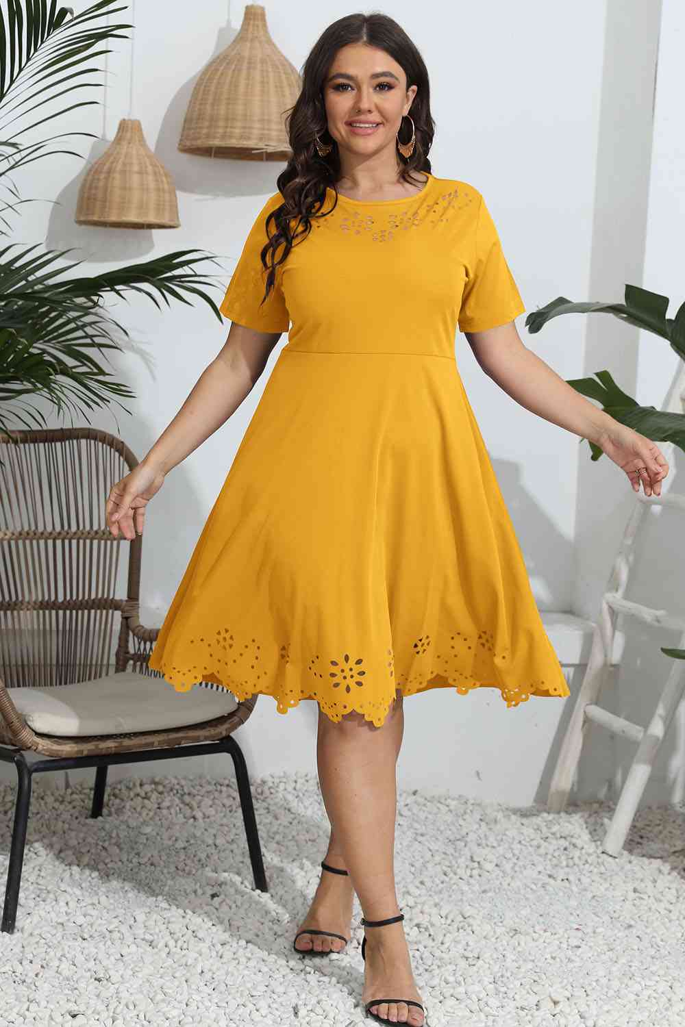 Plus Size Round Neck Openwork Dress BLUE ZONE PLANET