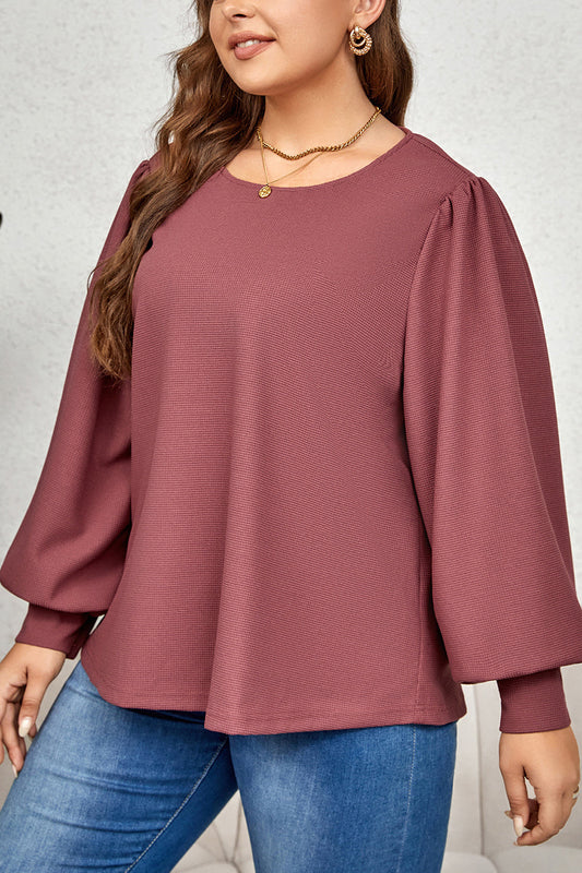 Plus Size Round Neck Puff Sleeve Top BLUE ZONE PLANET