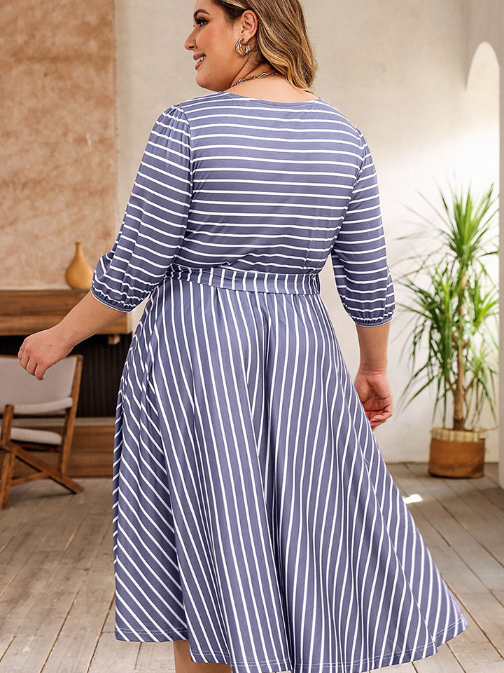 Plus Size Round Neck Striped Tie Waist Dress BLUE ZONE PLANET