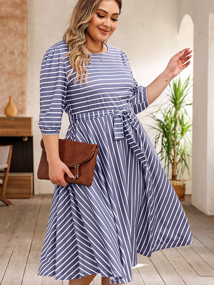 Plus Size Round Neck Striped Tie Waist Dress BLUE ZONE PLANET