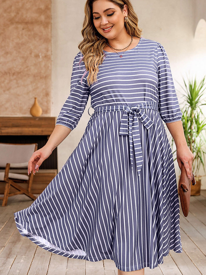 Plus Size Round Neck Striped Tie Waist Dress BLUE ZONE PLANET