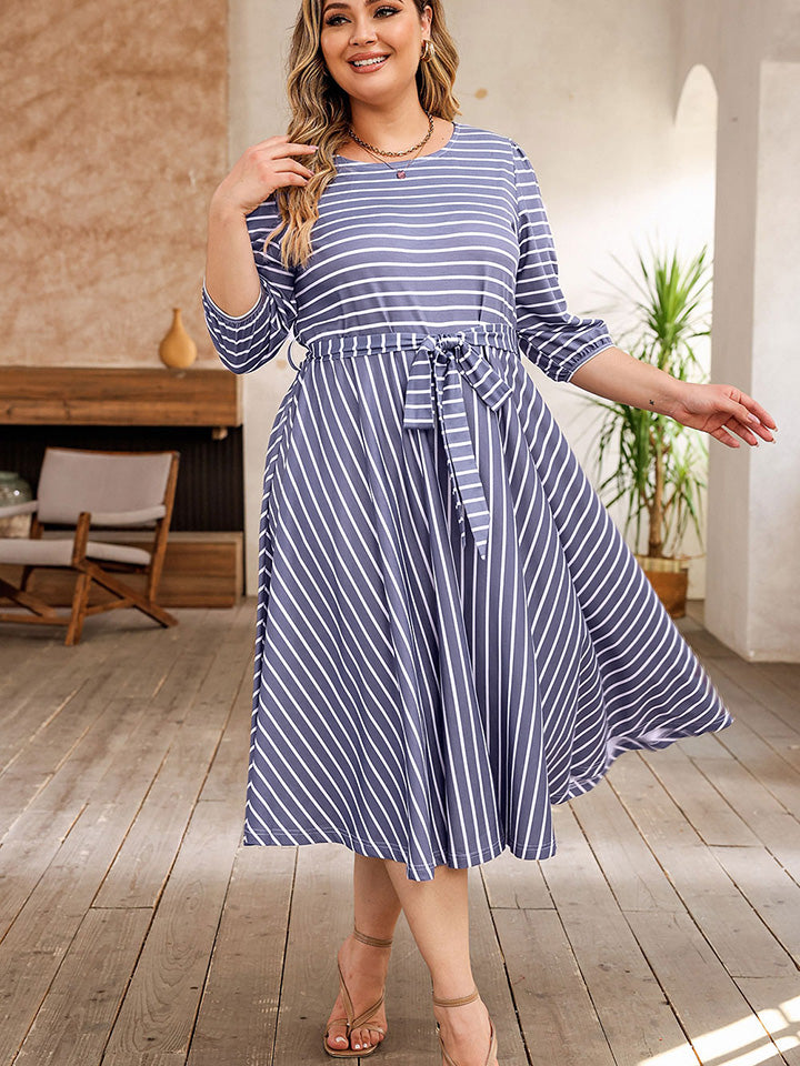 Plus Size Round Neck Striped Tie Waist Dress BLUE ZONE PLANET