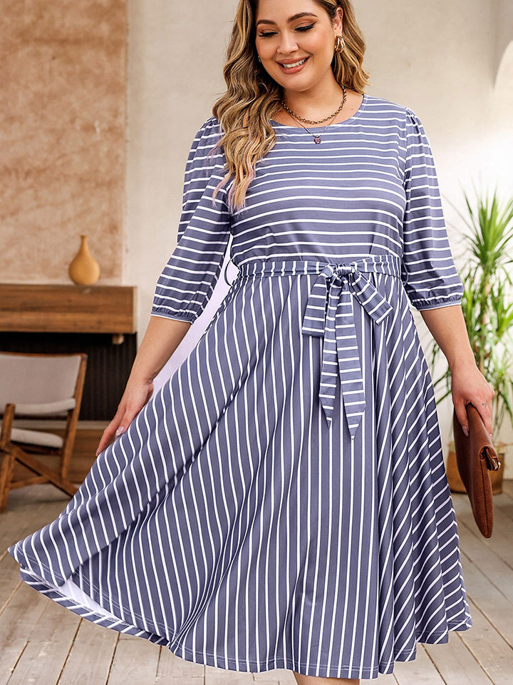 Plus Size Round Neck Striped Tie Waist Dress BLUE ZONE PLANET