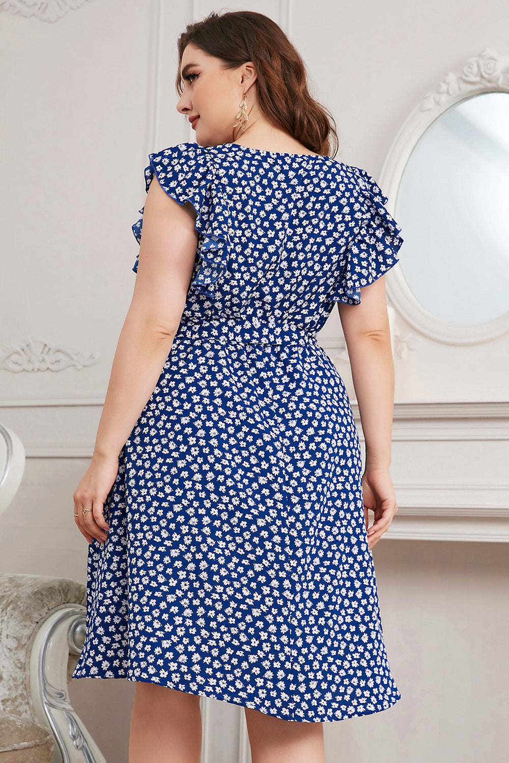 Plus Size Round Neck Tie Waist Dress BLUE ZONE PLANET