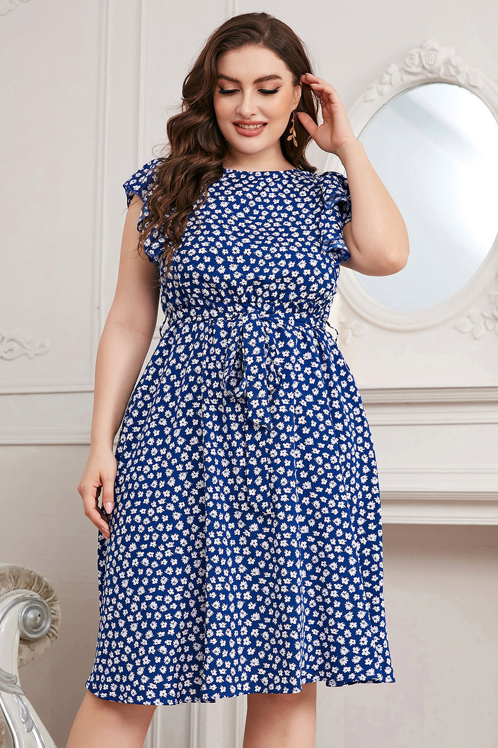 Plus Size Round Neck Tie Waist Dress BLUE ZONE PLANET