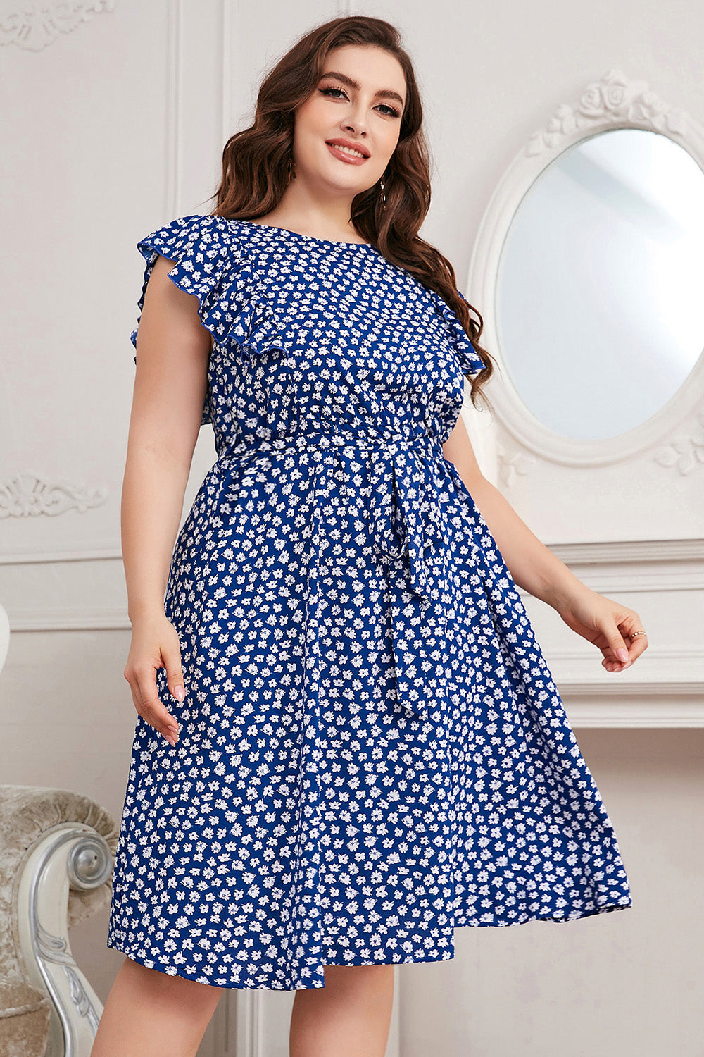 Plus Size Round Neck Tie Waist Dress BLUE ZONE PLANET