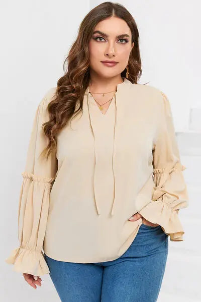 Plus Size Ruffled Tie Neck Flounce Sleeve Blouse BLUE ZONE PLANET