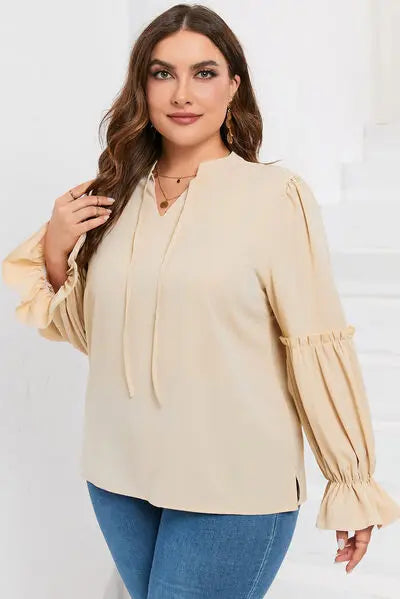 Plus Size Ruffled Tie Neck Flounce Sleeve Blouse BLUE ZONE PLANET