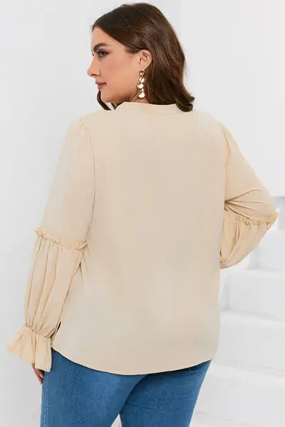 Plus Size Ruffled Tie Neck Flounce Sleeve Blouse BLUE ZONE PLANET