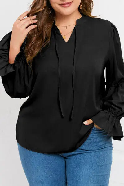 Plus Size Ruffled Tie Neck Flounce Sleeve Blouse BLUE ZONE PLANET