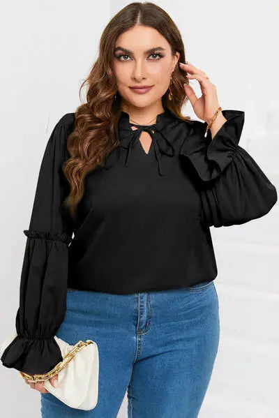 Plus Size Ruffled Tie Neck Flounce Sleeve Blouse BLUE ZONE PLANET