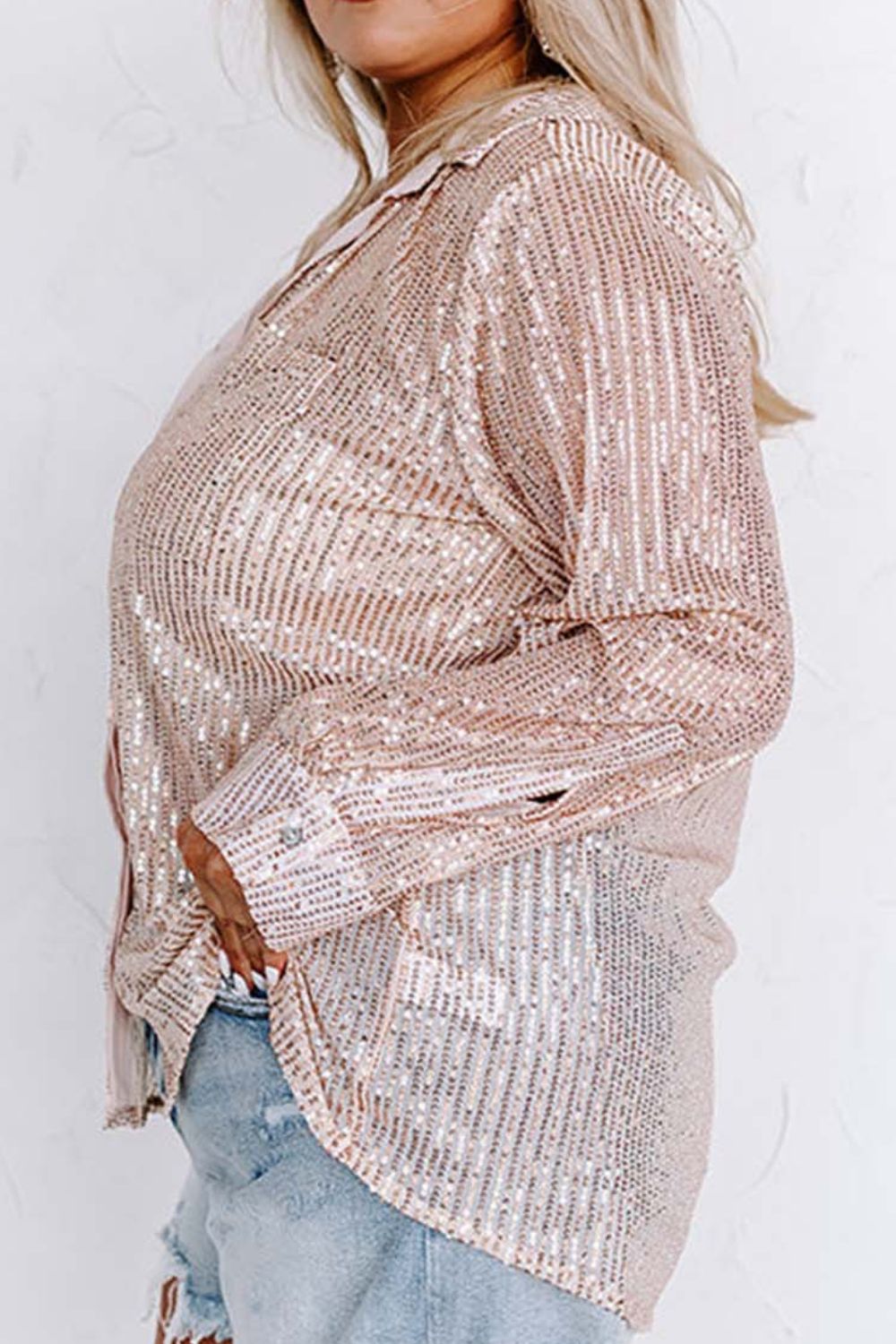 Plus Size Sequin Long Sleeve Shirt BLUE ZONE PLANET