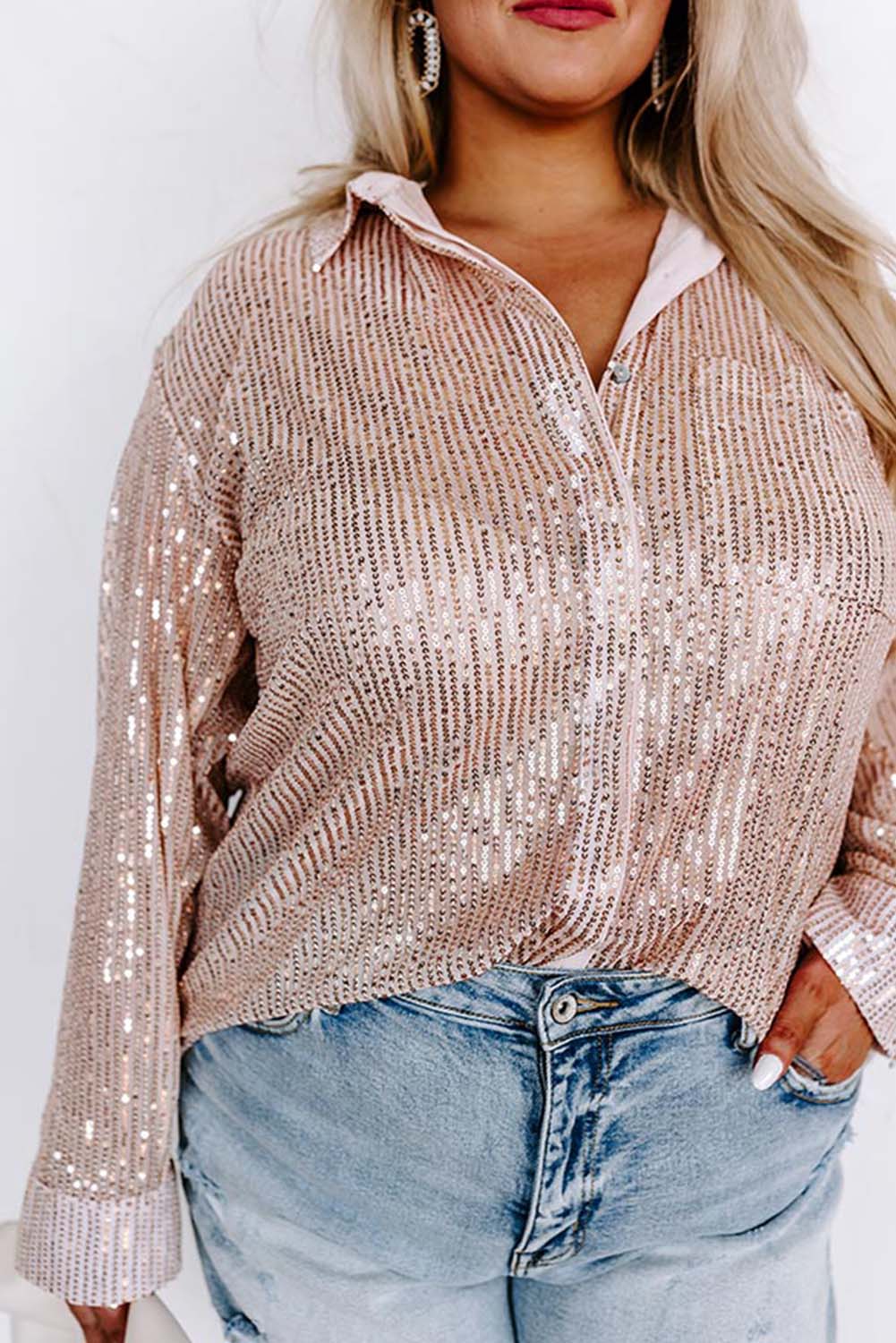 Plus Size Sequin Long Sleeve Shirt BLUE ZONE PLANET