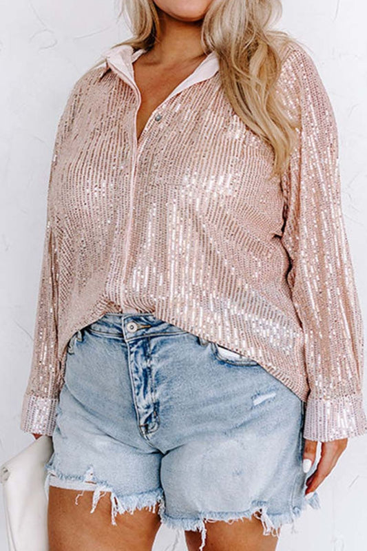 Plus Size Sequin Long Sleeve Shirt BLUE ZONE PLANET